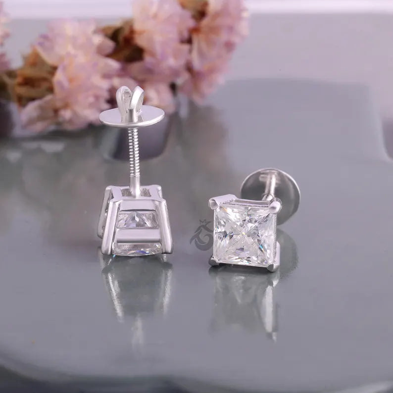 4.30 CT Princess Cut Moissanite Stud Earrings, Screw Back Wedding Earrings for Her