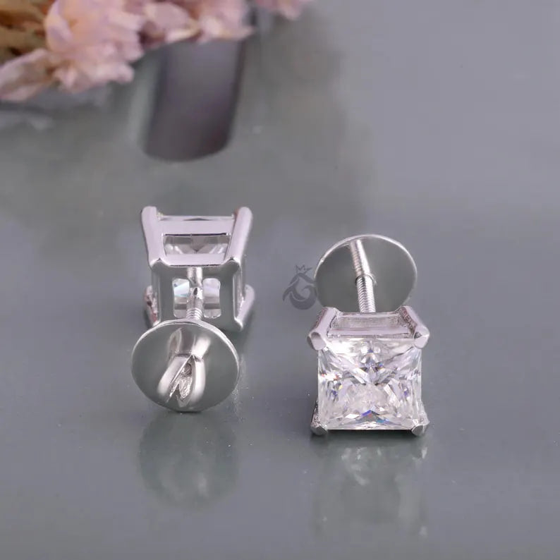 4.30 CT Princess Cut Moissanite Stud Earrings, Screw Back Wedding Earrings for Her