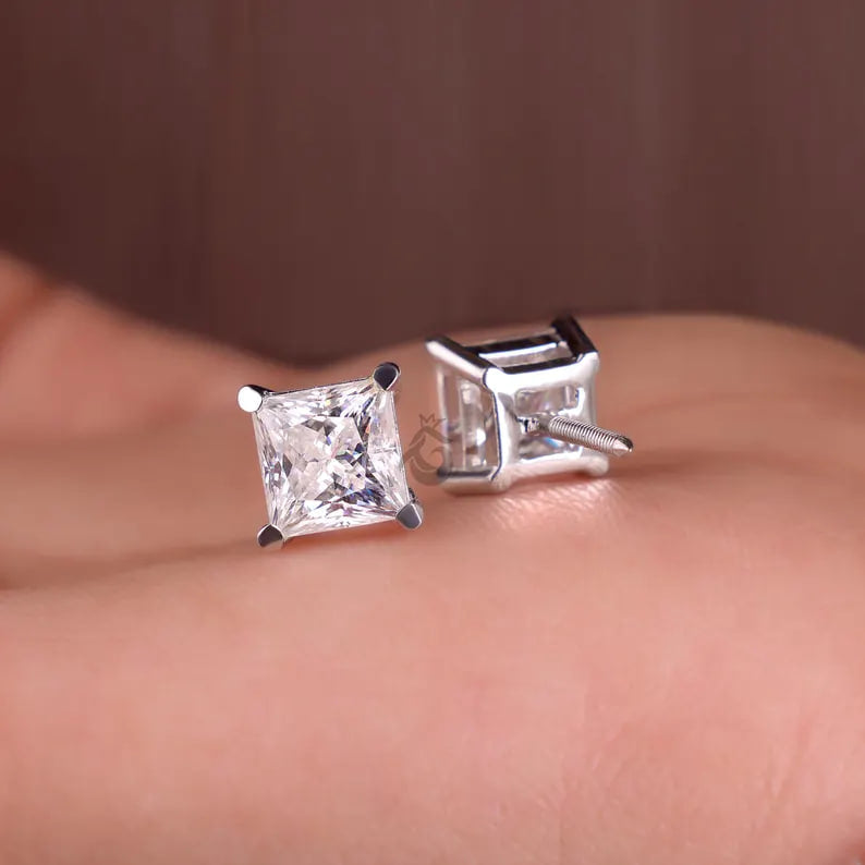 4.30 CT Princess Cut Moissanite Stud Earrings, Screw Back Wedding Earrings for Her
