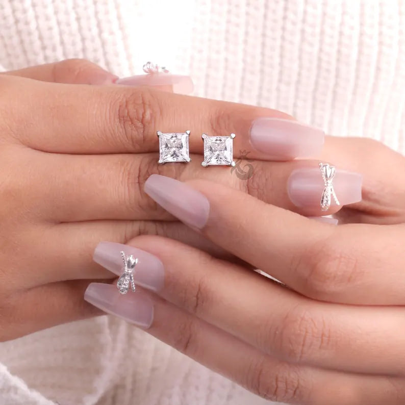 4.30 CT Princess Cut Moissanite Stud Earrings, Screw Back Wedding Earrings for Her