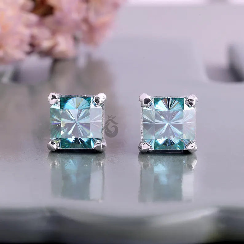 5.40 TCW Fantasy Square Cyan Blue Moissanite Stud Earrings, Screw Back Solitaire Earrings for Her