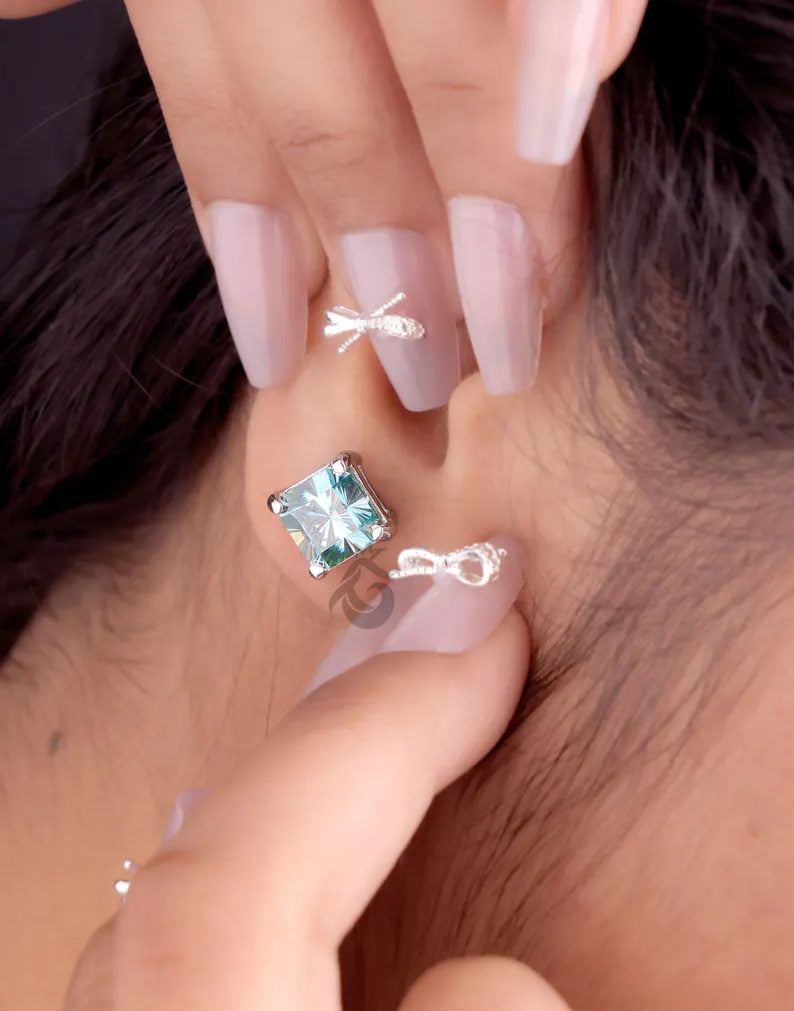 5.40 TCW Fantasy Square Cyan Blue Moissanite Stud Earrings, Screw Back Solitaire Earrings for Her