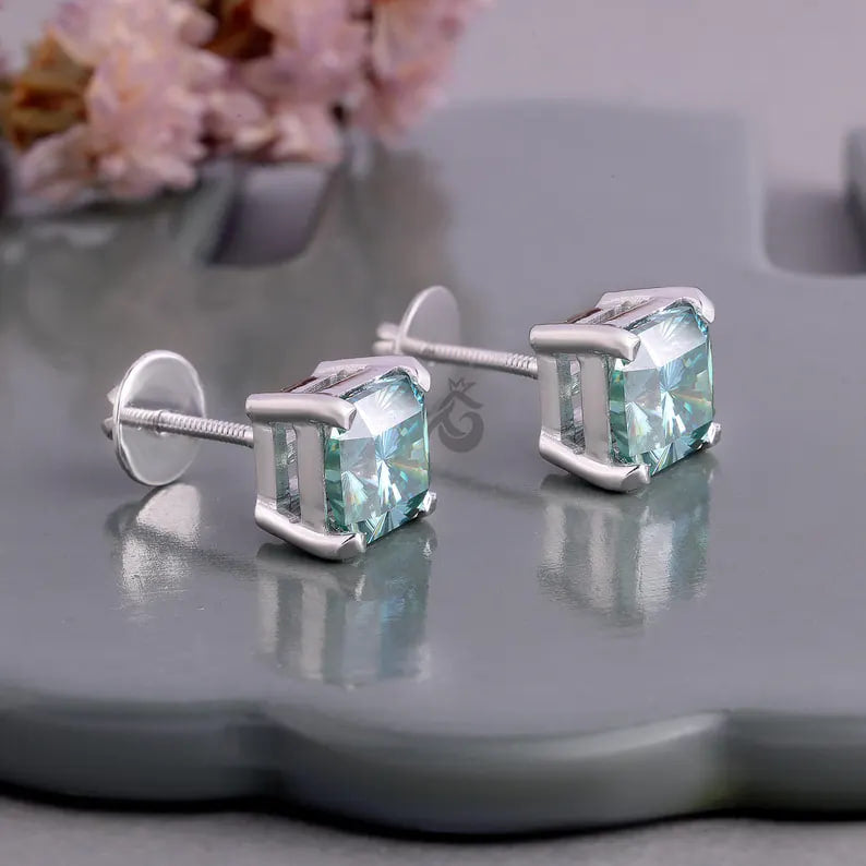 5.40 TCW Fantasy Square Cyan Blue Moissanite Stud Earrings, Screw Back Solitaire Earrings for Her