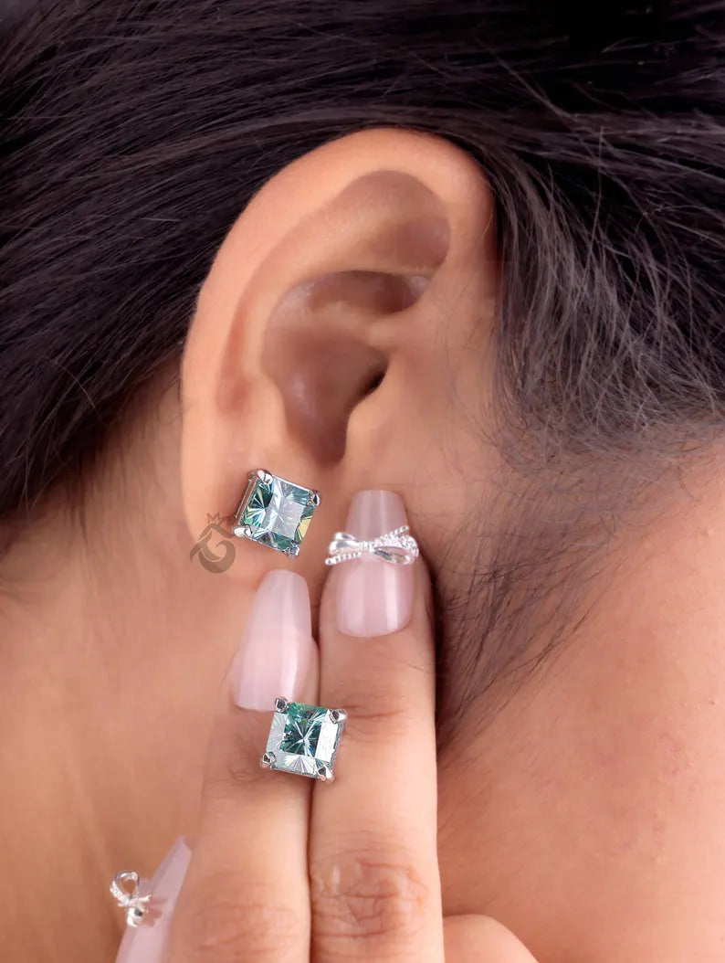 5.40 TCW Fantasy Square Cyan Blue Moissanite Stud Earrings, Screw Back Solitaire Earrings for Her