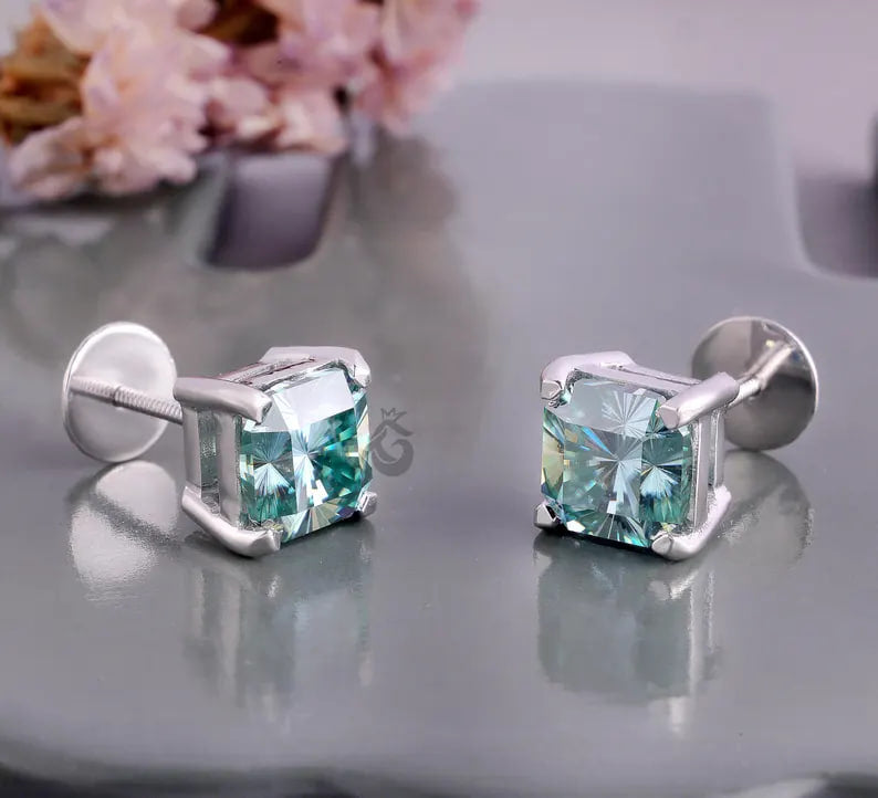 5.40 TCW Fantasy Square Cyan Blue Moissanite Stud Earrings, Screw Back Solitaire Earrings for Her