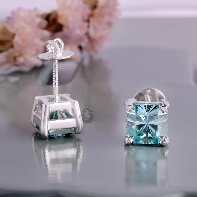 5.40 TCW Fantasy Square Cyan Blue Moissanite Stud Earrings, Screw Back Solitaire Earrings for Her