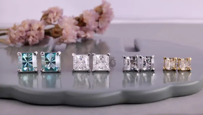 5.40 TCW Fantasy Square Cyan Blue Moissanite Stud Earrings, Screw Back Solitaire Earrings for Her