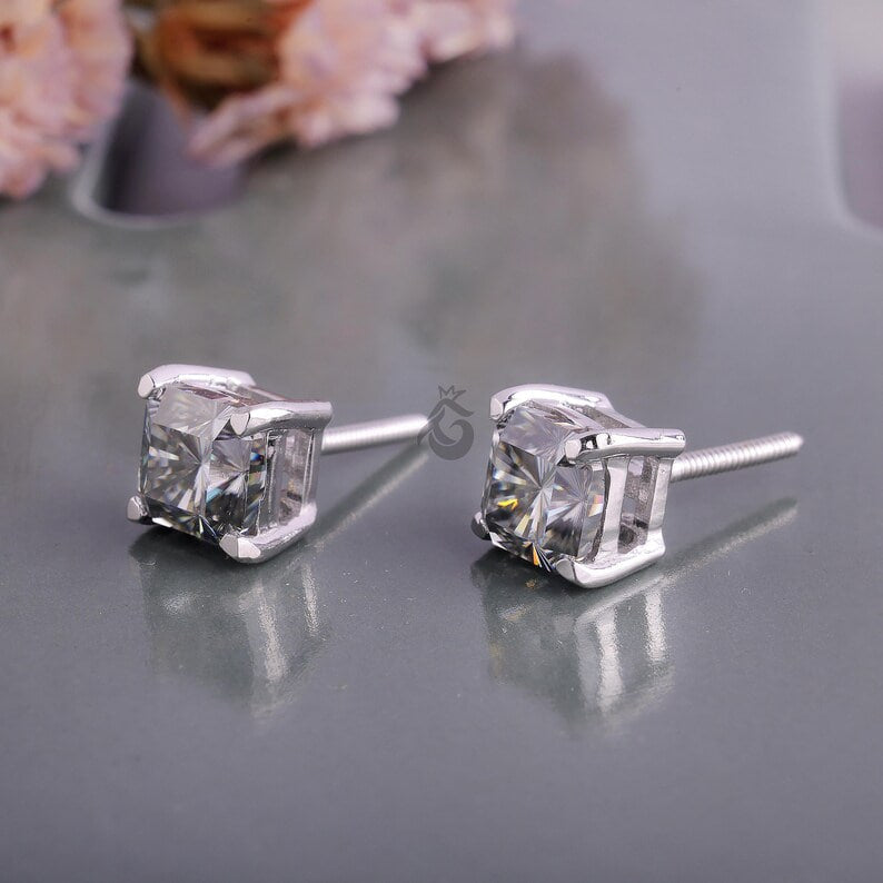 2.70 TCW Dark Grey Fantasy Square Moissanite Stud Earrings, Solitaire Screw Back Diamond Studs