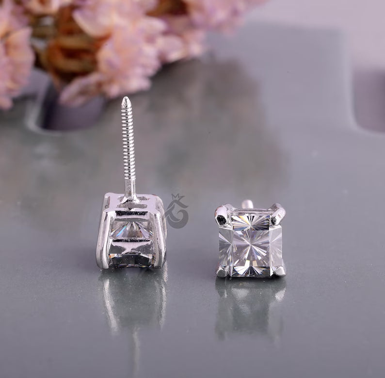 2.70 TCW Dark Grey Fantasy Square Moissanite Stud Earrings, Solitaire Screw Back Diamond Studs