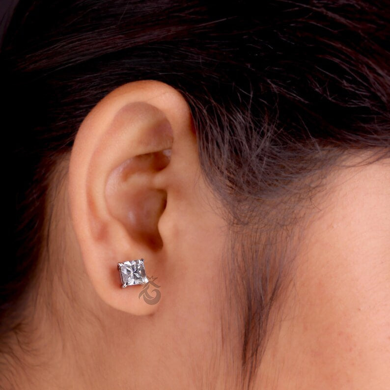 2.70 TCW Dark Grey Fantasy Square Moissanite Stud Earrings, Solitaire Screw Back Diamond Studs