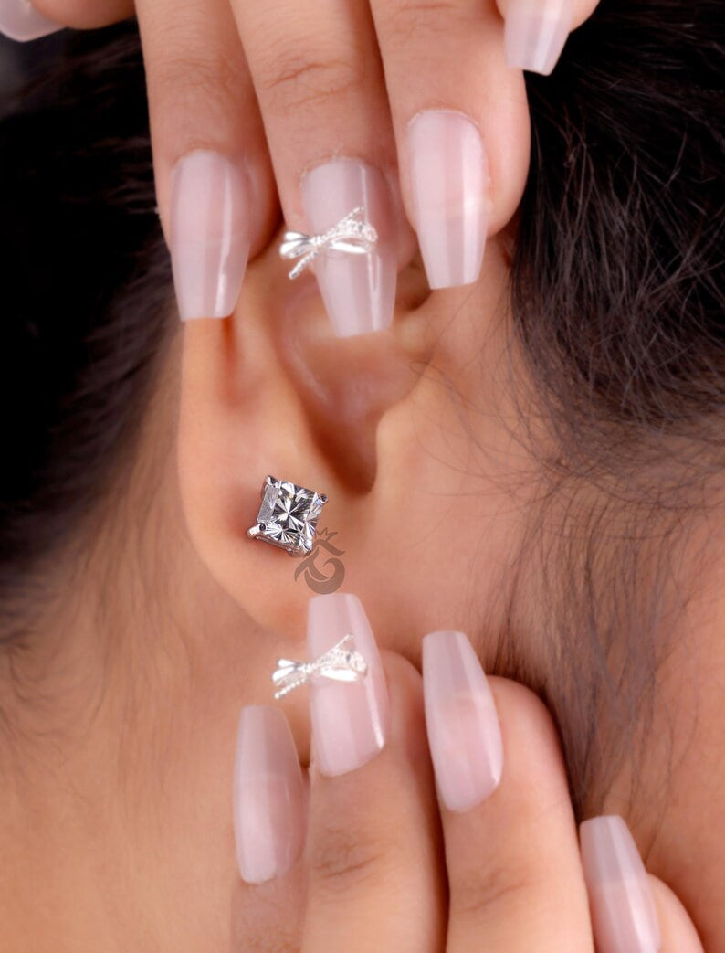 2.70 TCW Dark Grey Fantasy Square Moissanite Stud Earrings, Solitaire Screw Back Diamond Studs