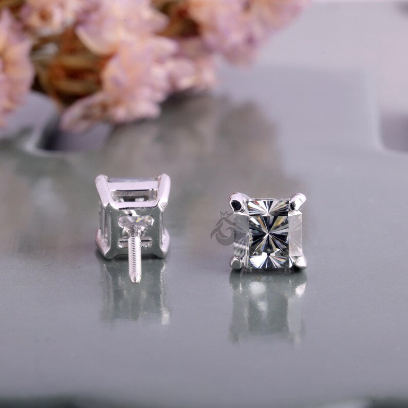 2.70 TCW Dark Grey Fantasy Square Moissanite Stud Earrings, Solitaire Screw Back Diamond Studs