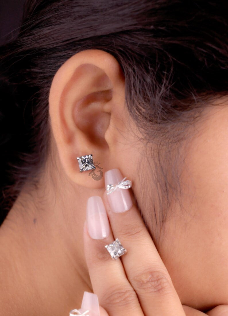 2.70 TCW Dark Grey Fantasy Square Moissanite Stud Earrings, Solitaire Screw Back Diamond Studs
