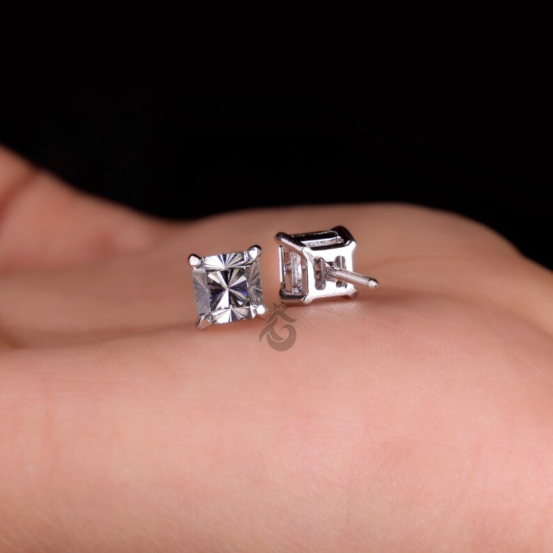 2.70 TCW Dark Grey Fantasy Square Moissanite Stud Earrings, Solitaire Screw Back Diamond Studs