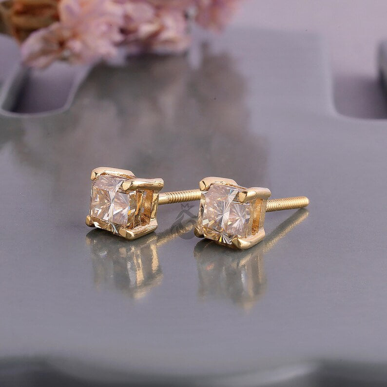 1.60 TCW Yellow Fantasy Square Moissanite Stud Earrings, Screw Back Tiny Earrings for Women/Men