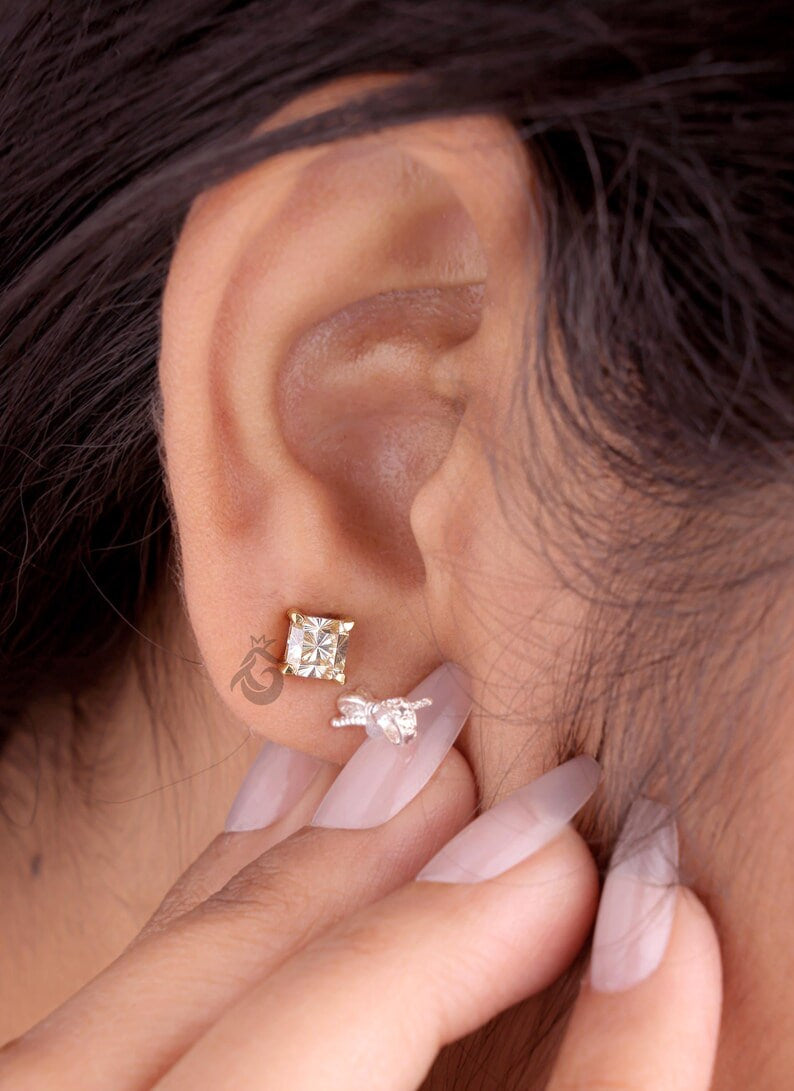 1.60 TCW Yellow Fantasy Square Moissanite Stud Earrings, Screw Back Tiny Earrings for Women/Men