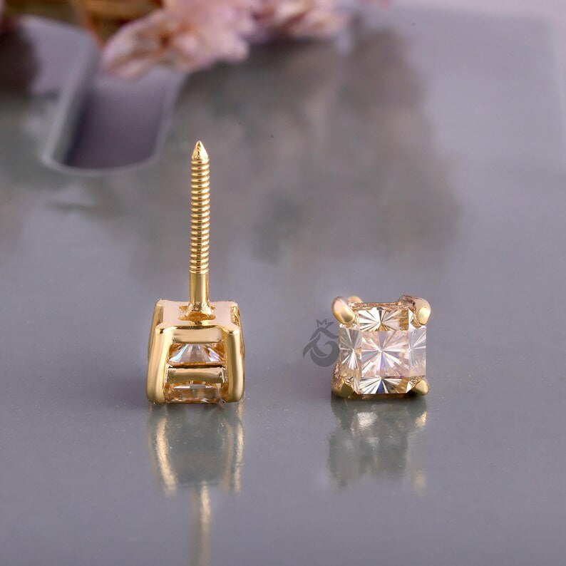 1.60 TCW Yellow Fantasy Square Moissanite Stud Earrings, Screw Back Tiny Earrings for Women/Men