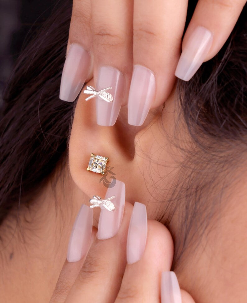 1.60 TCW Yellow Fantasy Square Moissanite Stud Earrings, Screw Back Tiny Earrings for Women/Men