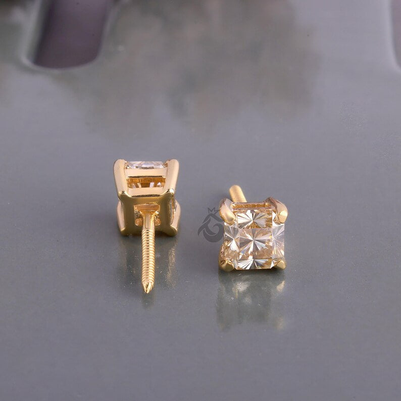 1.60 TCW Yellow Fantasy Square Moissanite Stud Earrings, Screw Back Tiny Earrings for Women/Men