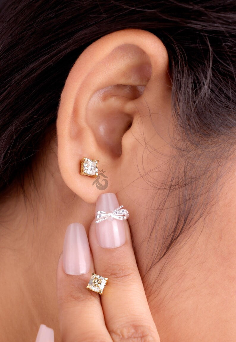 1.60 TCW Yellow Fantasy Square Moissanite Stud Earrings, Screw Back Tiny Earrings for Women/Men