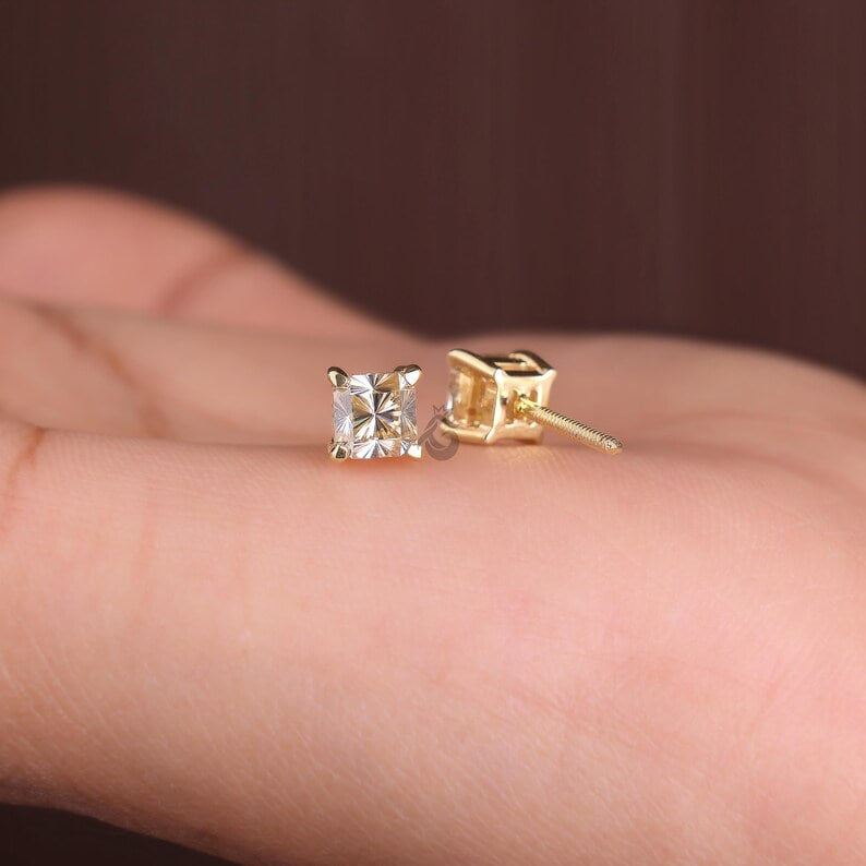 1.60 TCW Yellow Fantasy Square Moissanite Stud Earrings, Screw Back Tiny Earrings for Women/Men