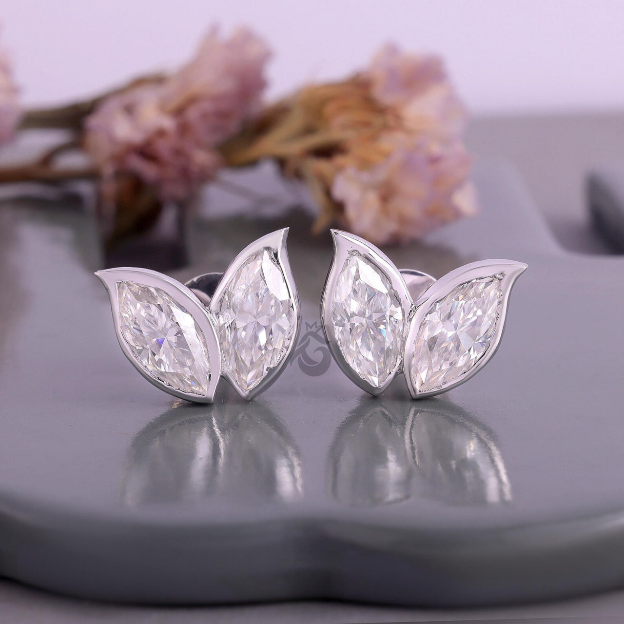 3.25 TW Marquise Cut Moissanite Double Leaf Stud Earrings, Screw Back Wedding Earrings for Her