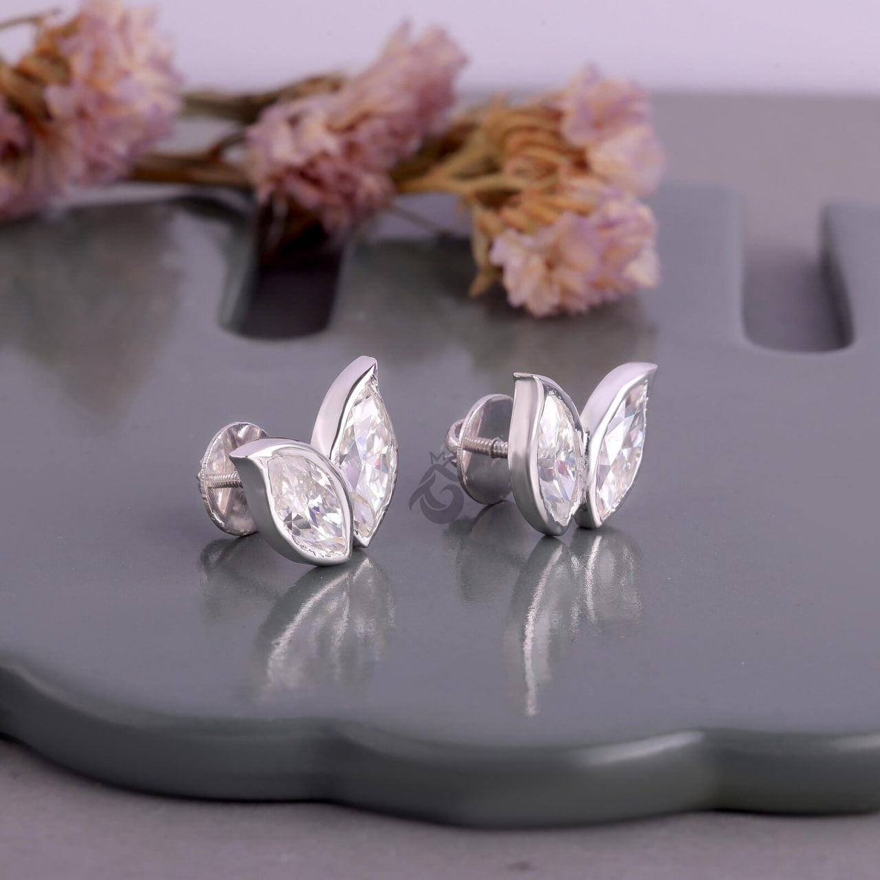 3.25 TW Marquise Cut Moissanite Double Leaf Stud Earrings, Screw Back Wedding Earrings for Her