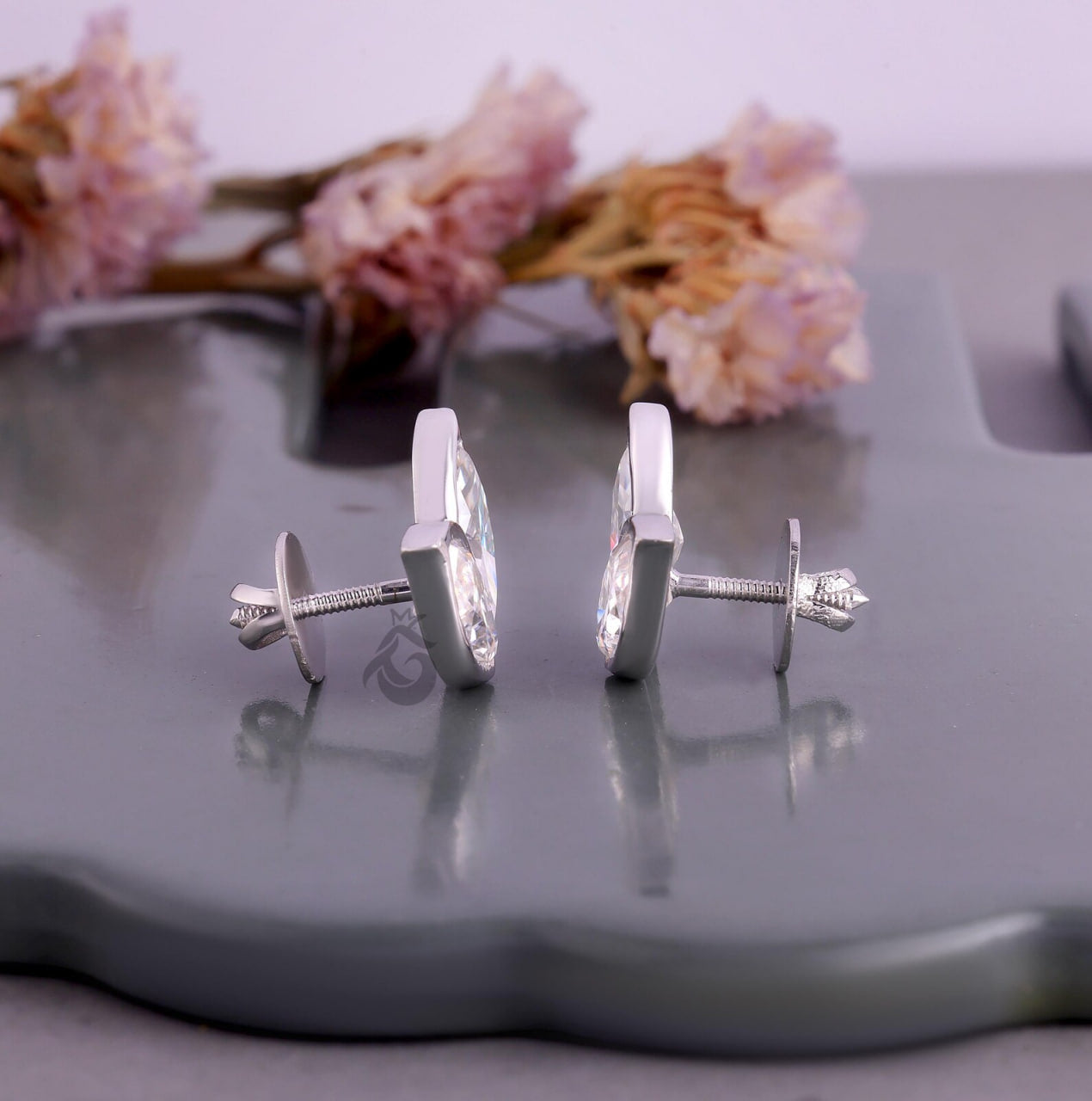 3.25 TW Marquise Cut Moissanite Double Leaf Stud Earrings, Screw Back Wedding Earrings for Her