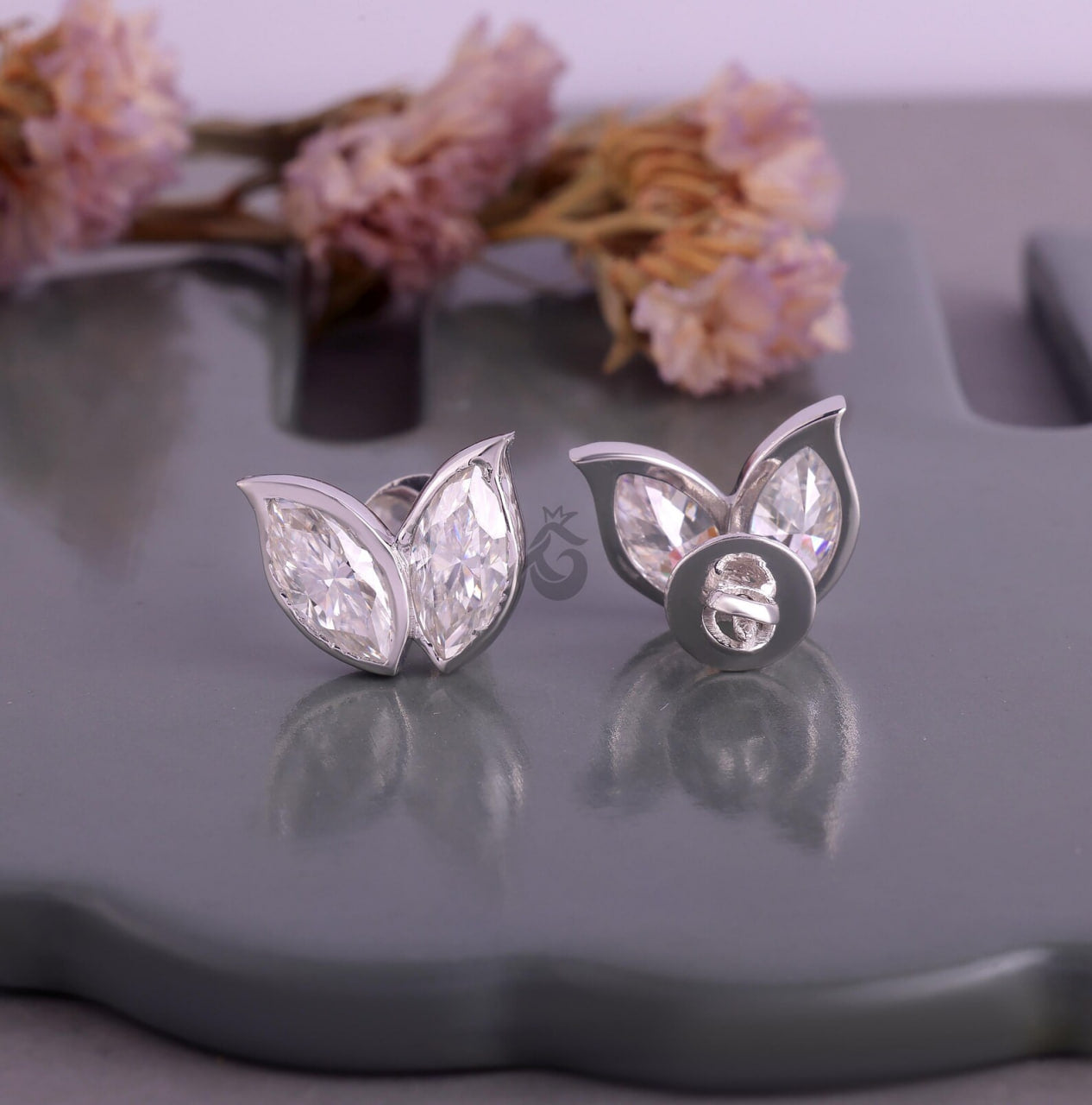 3.25 TW Marquise Cut Moissanite Double Leaf Stud Earrings, Screw Back Wedding Earrings for Her