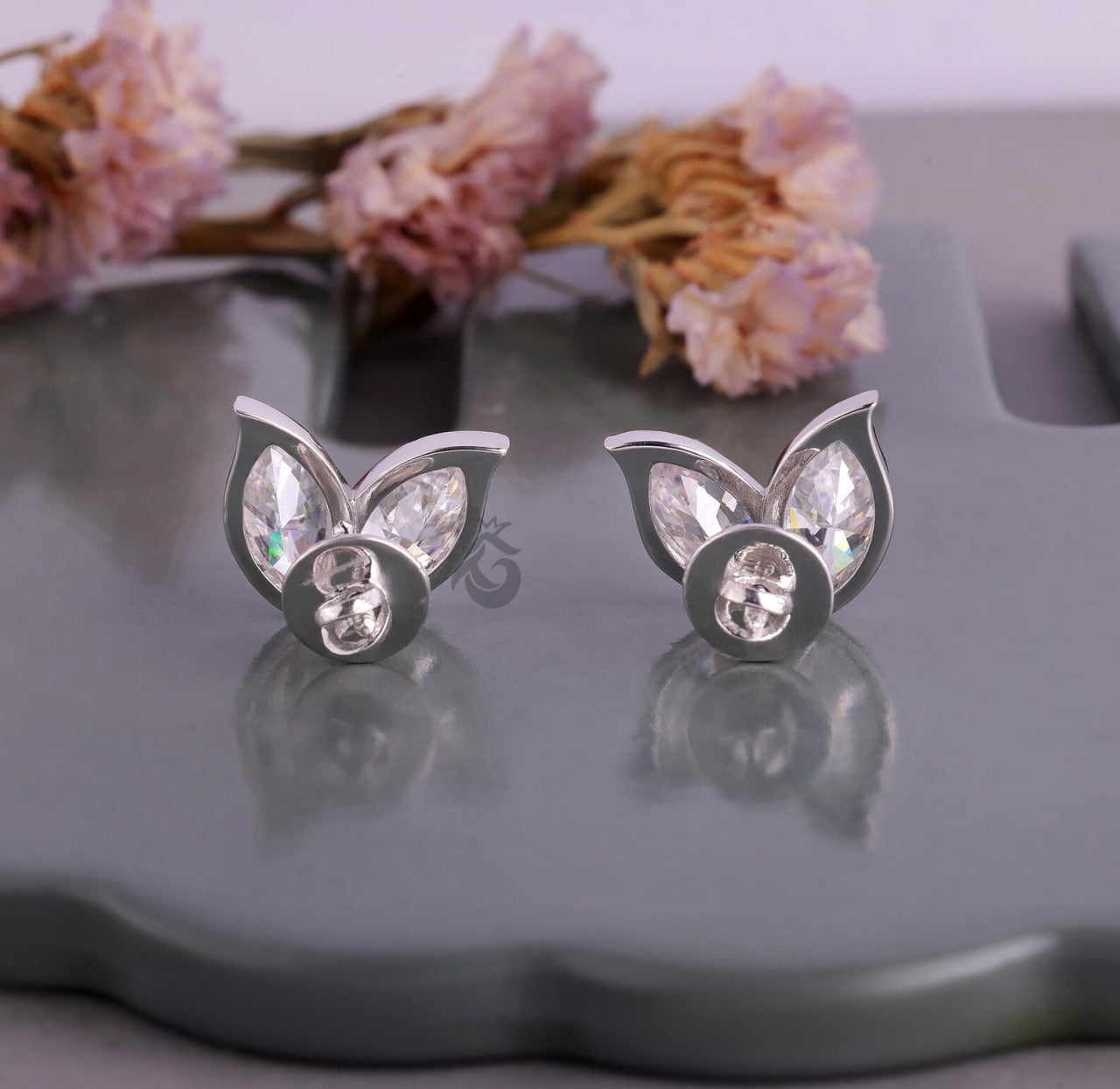 3.25 TW Marquise Cut Moissanite Double Leaf Stud Earrings, Screw Back Wedding Earrings for Her