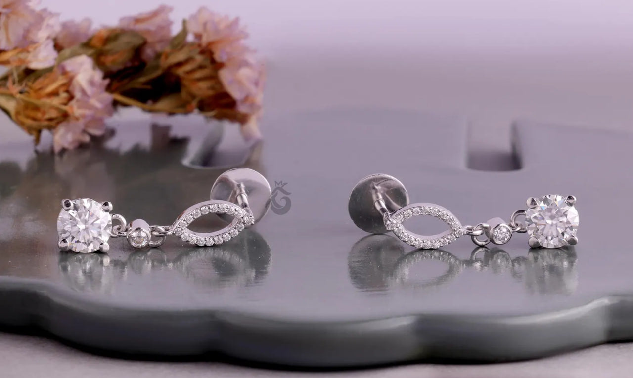 14K White Gold Round Moissanite Drop Earrings – Screw Back Dangle Wedding Earrings for Women