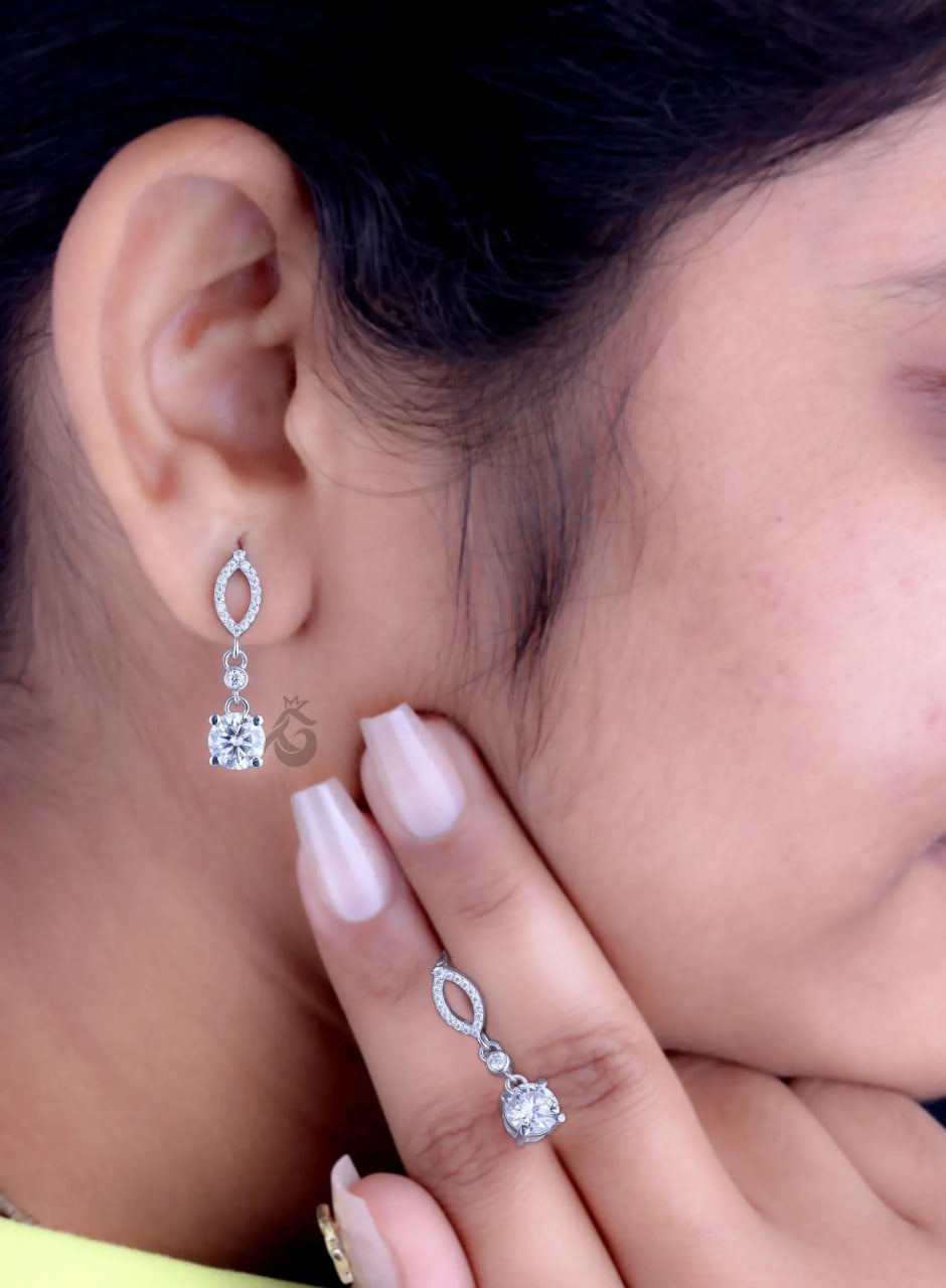 14K White Gold Round Moissanite Drop Earrings – Screw Back Dangle Wedding Earrings for Women