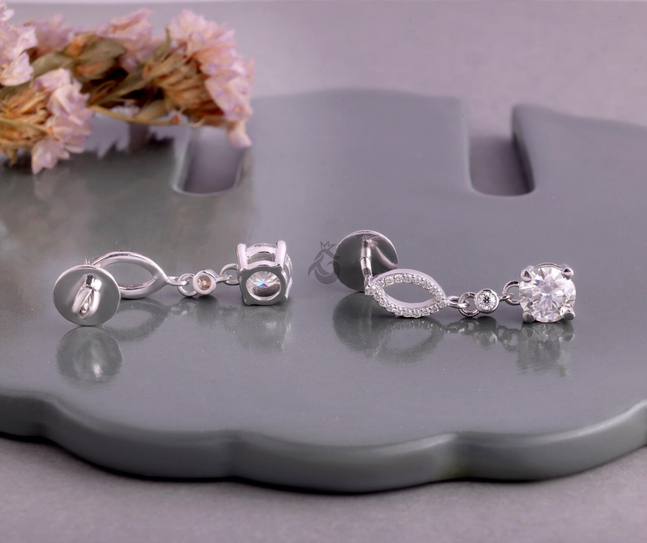 14K White Gold Round Moissanite Drop Earrings – Screw Back Dangle Wedding Earrings for Women