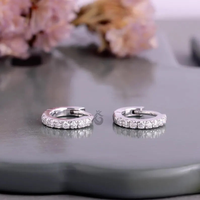 14K White Gold Round Moissanite Hoop Earrings – Pave Set Huggie Earrings for Women