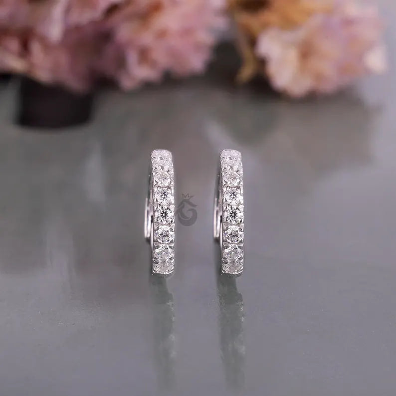 14K White Gold Round Moissanite Hoop Earrings – Pave Set Huggie Earrings for Women