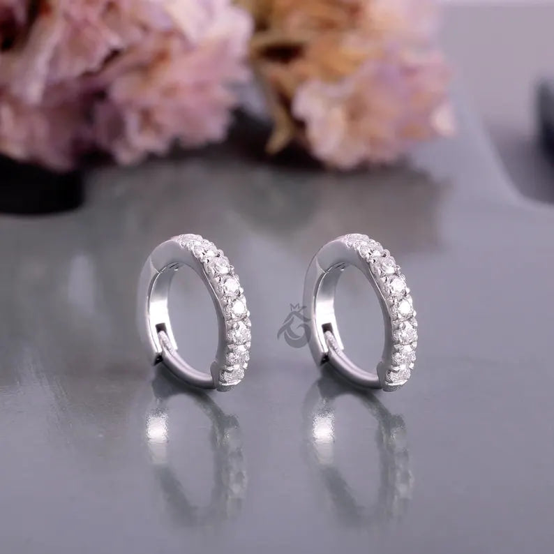 14K White Gold Round Moissanite Hoop Earrings – Pave Set Huggie Earrings for Women