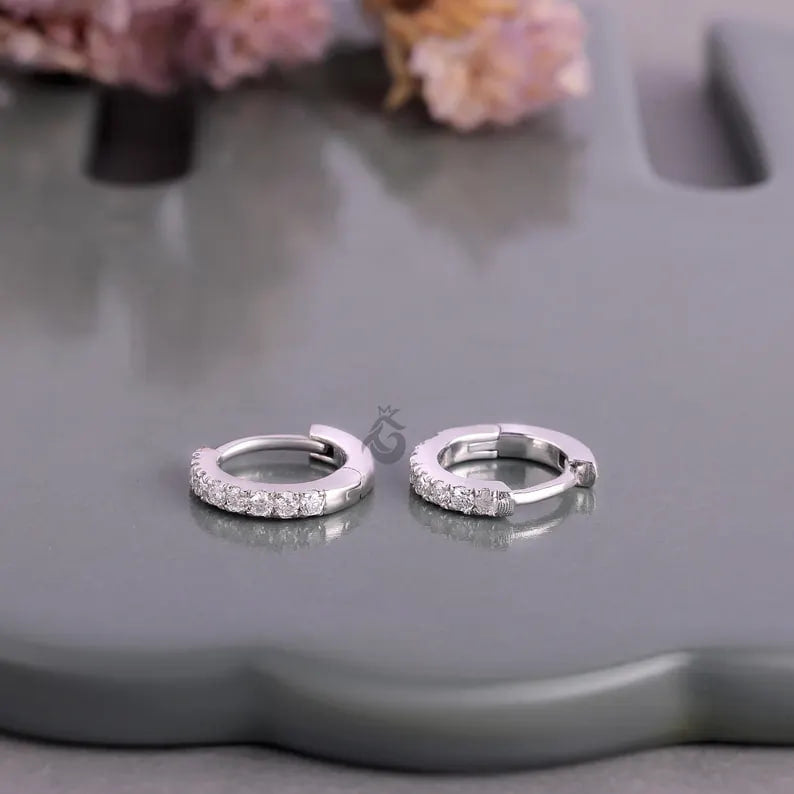 14K White Gold Round Moissanite Hoop Earrings – Pave Set Huggie Earrings for Women