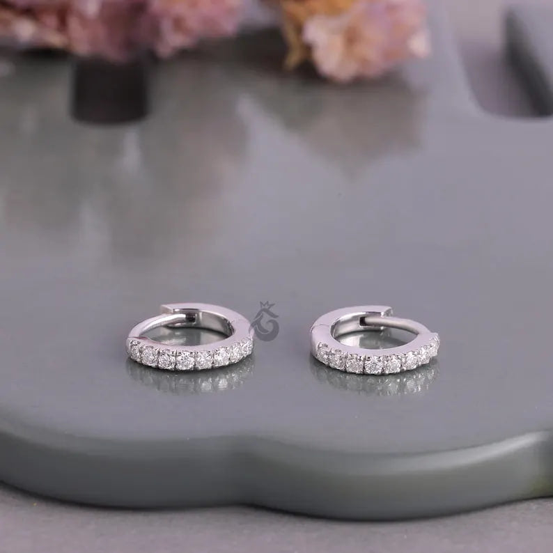 14K White Gold Round Moissanite Hoop Earrings – Pave Set Huggie Earrings for Women