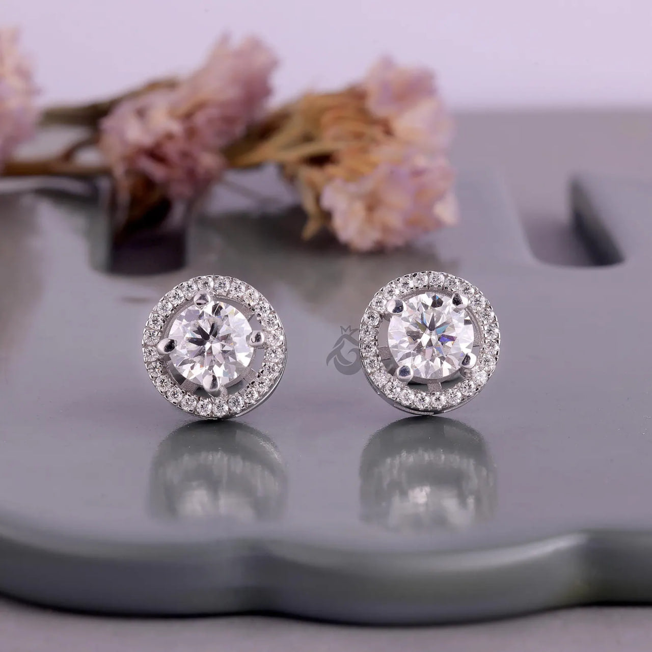 2.40 TCW Round Moissanite Halo Stud Earrings – 4 Prong Screw Back Wedding Earrings for Women