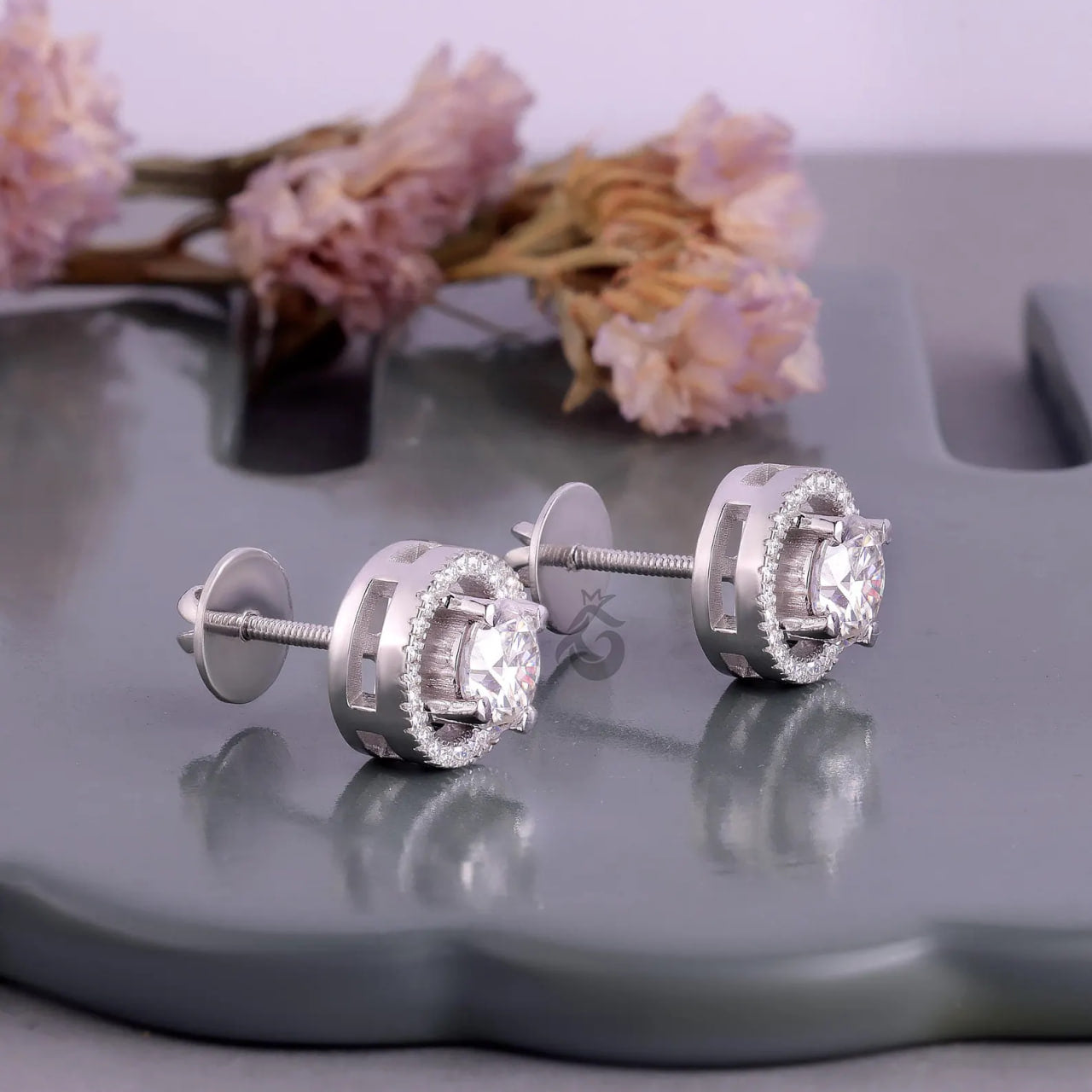 2.40 TCW Round Moissanite Halo Stud Earrings – 4 Prong Screw Back Wedding Earrings for Women