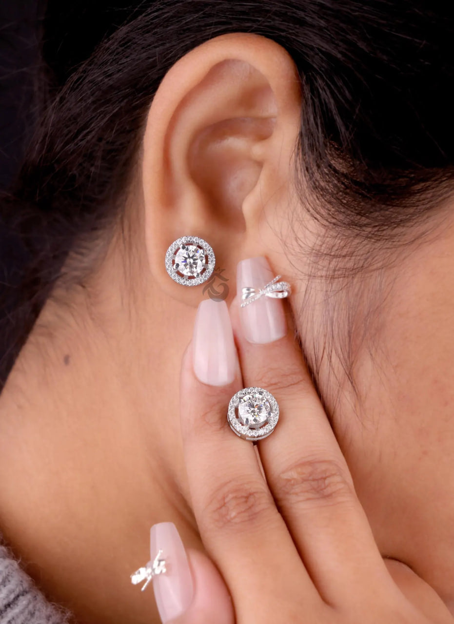 2.40 TCW Round Moissanite Halo Stud Earrings – 4 Prong Screw Back Wedding Earrings for Women