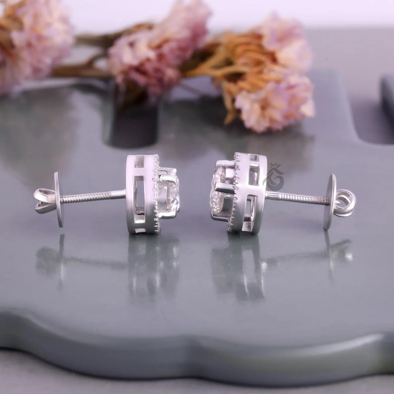 2.40 TCW Round Moissanite Halo Stud Earrings – 4 Prong Screw Back Wedding Earrings for Women