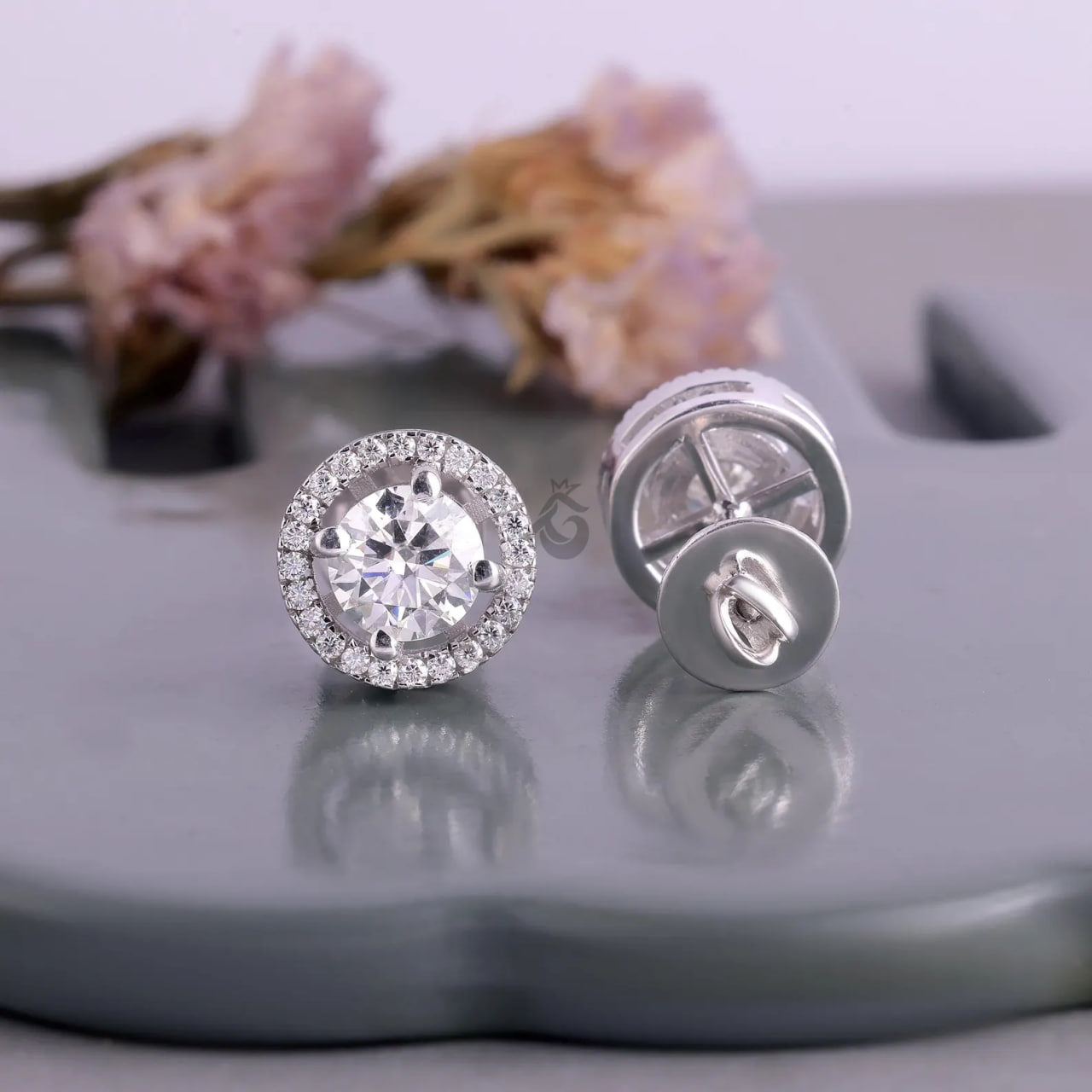 2.40 TCW Round Moissanite Halo Stud Earrings – 4 Prong Screw Back Wedding Earrings for Women