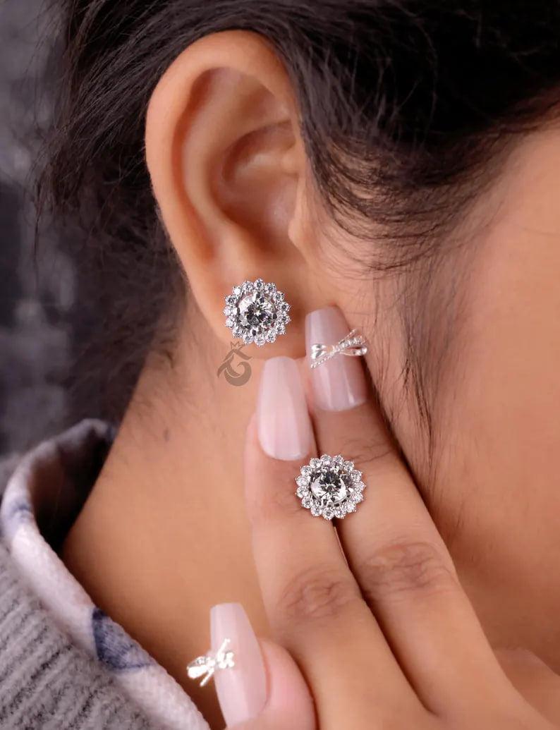 Round Grey Moissanite Floral Halo Stud Earrings – Screw Back Wedding Earrings for Her