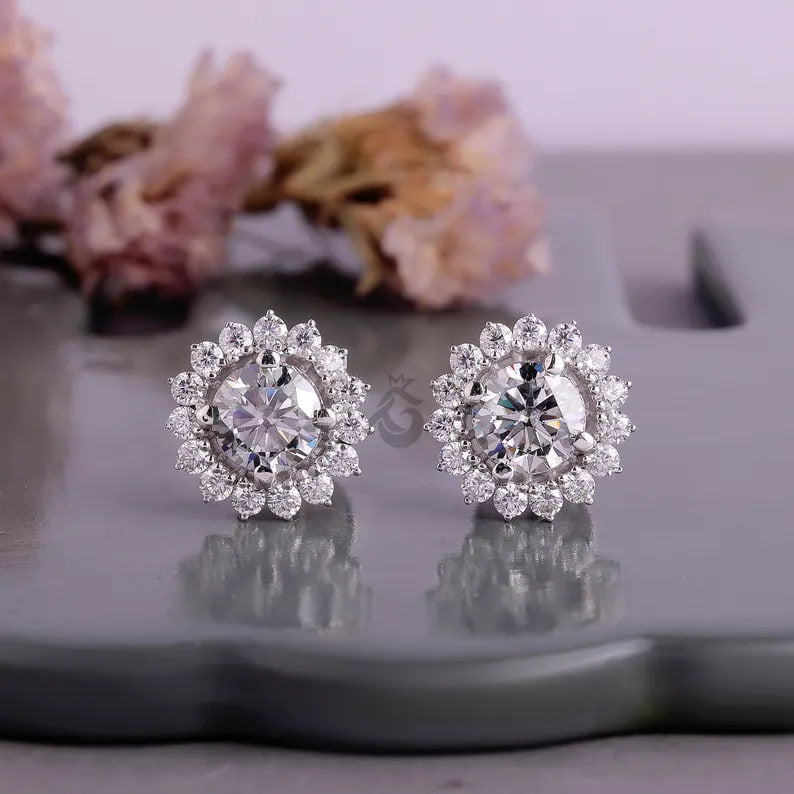 Round Grey Moissanite Floral Halo Stud Earrings – Screw Back Wedding Earrings for Her