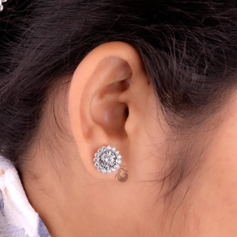 Round Grey Moissanite Floral Halo Stud Earrings – Screw Back Wedding Earrings for Her