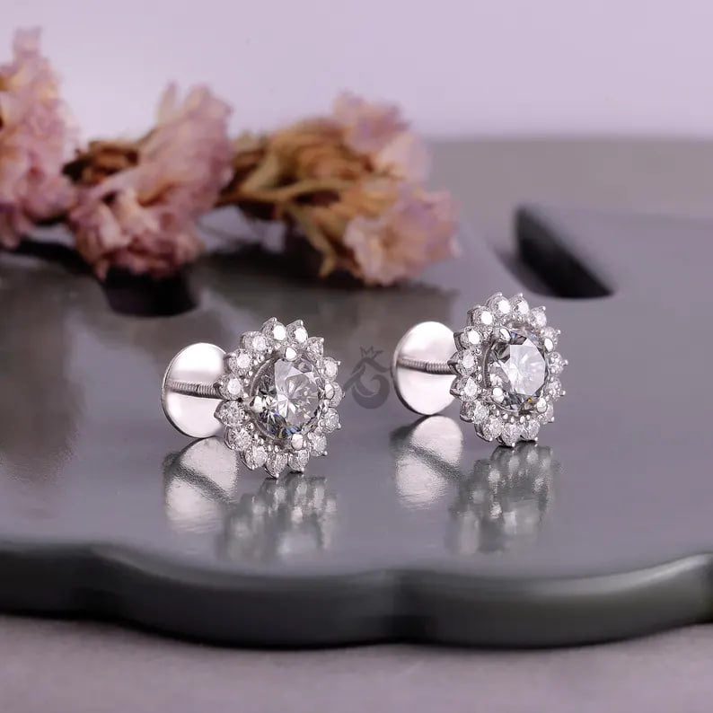 Round Grey Moissanite Floral Halo Stud Earrings – Screw Back Wedding Earrings for Her