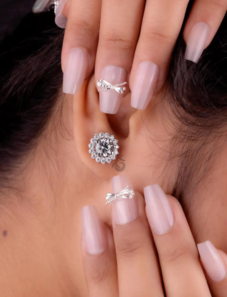 Round Grey Moissanite Floral Halo Stud Earrings – Screw Back Wedding Earrings for Her