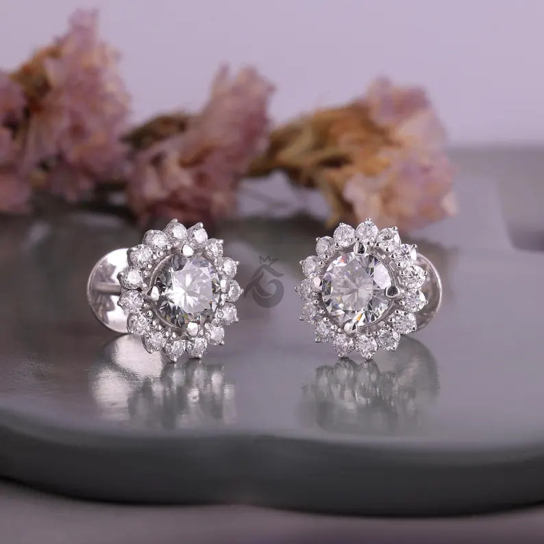 Round Grey Moissanite Floral Halo Stud Earrings – Screw Back Wedding Earrings for Her