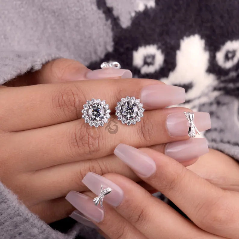 Round Grey Moissanite Floral Halo Stud Earrings – Screw Back Wedding Earrings for Her
